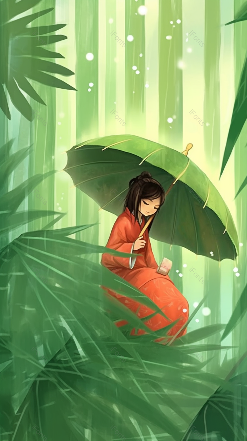 夏天下雨天女孩撑着伞坐在竹叶上插画背景,插画/手绘图,插画/手绘图库,插画/手绘图下载,插画/手绘